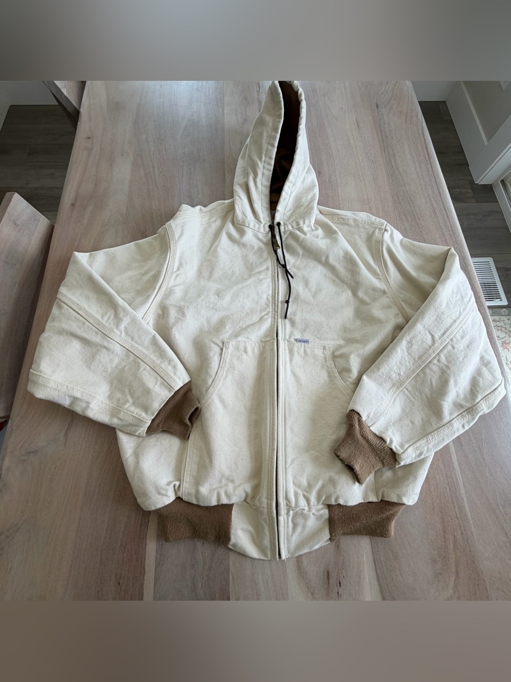 Vintage 90s Carhartt Canvas Duck Coat Cream RARE Durable Mesh Lining Size XL